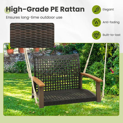One Person Outdoor Porch Swing With Metal Frame And Soft Cushioned Seat Wicker Style Chair Ropes And Hooks Included PE Rattan Swing For Lawn Garden Backyard Or Balcony Off White Color For Cozy Relaxing Evenings, showing wicker texture.
