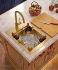 Gold Bar Sink 17 By 17 Inches, Drop In And Top Mount Bar And Prep Sink, 16 Gauge Stainless Steel, filled with wine bottles on ice