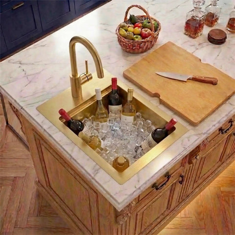 Gold Bar Sink 17 By 17 Inches, Drop In And Top Mount Bar And Prep Sink, 16 Gauge Stainless Steel, filled with wine bottles on ice
