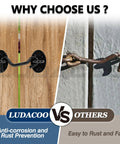 Comparison image showing Bulletproof 3 Inch Hook And Eye Gate Latch on wood versus rusty chain latch on metal fence.