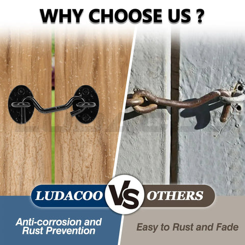 Comparison image showing Bulletproof 3 Inch Hook And Eye Gate Latch on wood versus rusty chain latch on metal fence.