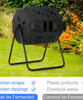 Dual Chamber Tumbling Compost Bin with Sliding Doors No Fuss, 43 Gallon Outdoor System in garden setting.