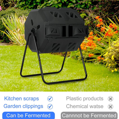 Dual Chamber Tumbling Compost Bin with Sliding Doors No Fuss, 43 Gallon Outdoor System in garden setting.