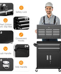 Rollin Tool Chest With Wheels And Eight Drawers, Detachable Top Box And Bottom Cabinet With Locking Mechanism, Heavy Duty Steel Toolbox For Garage, Workshop, And Warehouse, Black Liner Included, High Capacity, black steel rolling chest with worker