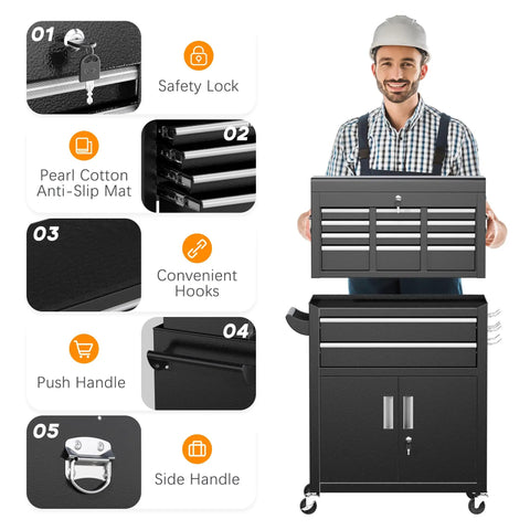 Rollin Tool Chest With Wheels And Eight Drawers, Detachable Top Box And Bottom Cabinet With Locking Mechanism, Heavy Duty Steel Toolbox For Garage, Workshop, And Warehouse, Black Liner Included, High Capacity, black steel rolling chest with worker