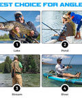Collage of anglers using All In One Bass Fishing Lures Kit in lake, pond, stream, and river settings.
