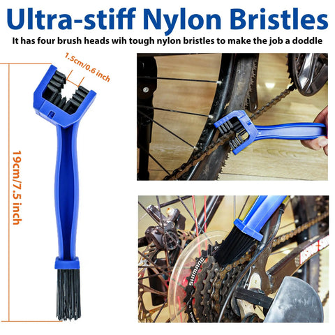 Must Have Ultimate Chain Cleaner Kit for Bikes with scrubber brushes in use on bike chain and drivetrain