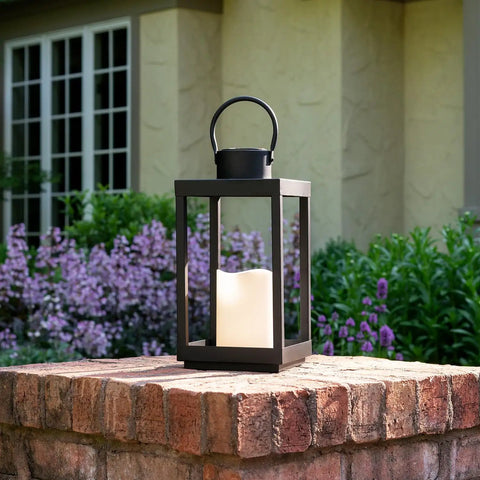 Outdoor Solar Lantern For Porch And Patio, Large Black Metal Lantern With Waterproof LED Candle, No Glass, 14 Inches, Dusk To Dawn Auto On