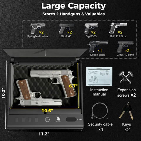 Biometric Gun Safe For Handgun With Quick Grab And Go Access In Under One Tenth Of A Second, open with contents shown.