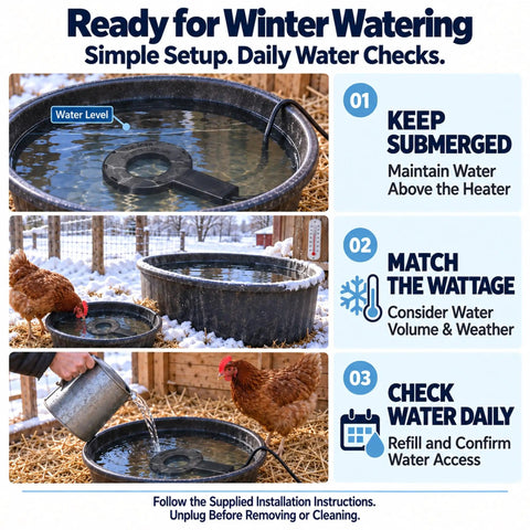 Heavy Duty Chicken Water Heater With Smart Thermostat For Livestock Troughs Submersible 500W Cast Aluminum Deicer setup instructions with water level indicator and hen.
