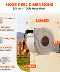 Retractable Garden Hose Reel With Auto Rewind And Any Length Lock features and dimensions shown on wall mount