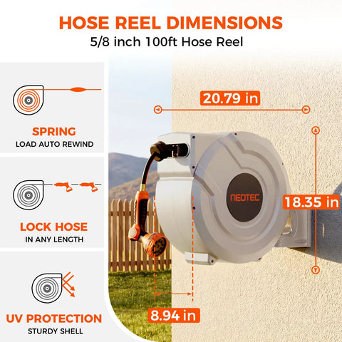 Retractable Garden Hose Reel With Auto Rewind And Any Length Lock features and dimensions shown on wall mount