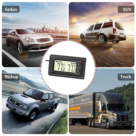 Smart digital car thermometer with dual Fahrenheit/Celsius display and max/min memory; collage shows sedan and SUV.