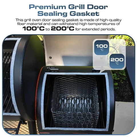 Smoker grill door gasket, gray high-temp self-adhesive seal, 1/2-in x 1/8-in, installed on metal BBQ door