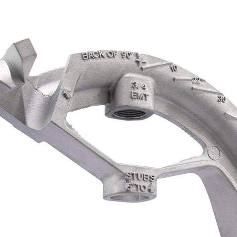 Ideal Electrical 74-032 Aluminum Bender Head For 3/4 Inch Conduit Pipe close-up showing markings for bends and sizes.