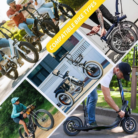 Various bikes and scooter showing HB-100 Hydraulic Disc Brake Caliper Kit compatibility with mountain, road, and electric bikes.