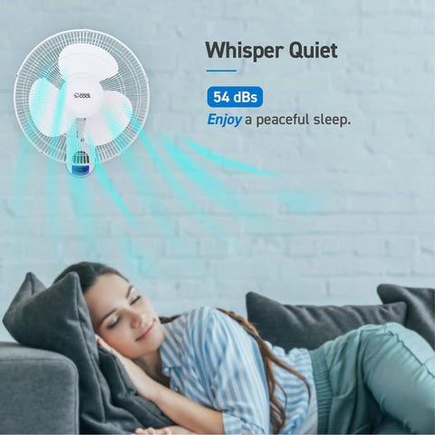 16 Inch Wall Mounted Fan With Remote Control, Oscillating White Air Circulator For Home Office And Bedroom, mounted above sleeping woman