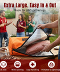 22-inch orange Meat Resting Blanket For BBQ Insulated Leakproof Bag in use at a backyard BBQ, showing wide opening and insulated interior.