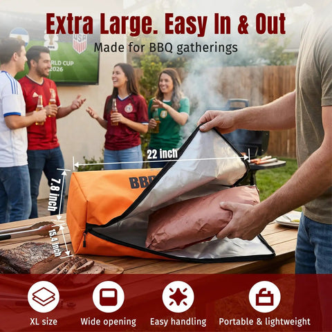 22-inch orange Meat Resting Blanket For BBQ Insulated Leakproof Bag in use at a backyard BBQ, showing wide opening and insulated interior.
