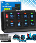 Front view of Beefed Up 8 Gang Switch Panel For Truck RV Offroad Marine with labels, backlit controls, and packaging.