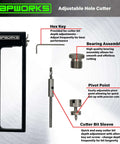 TapWorks adjustable sheet metal hole cutter with hex key, bearing assembly, cutter sleeve and pivot point.