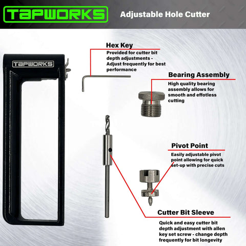 TapWorks adjustable sheet metal hole cutter with hex key, bearing assembly, cutter sleeve and pivot point.