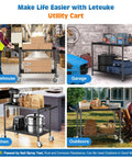 Heavy Duty Two Tier Utility Cart On Wheels With Handle For Warehouse Garage And Kitchen NSF Certified Commercial Grade Metal Serving Storage Cart in use across various locations.