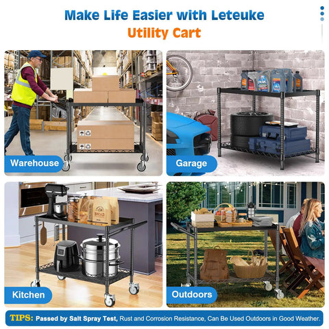 Heavy Duty Two Tier Utility Cart On Wheels With Handle For Warehouse Garage And Kitchen NSF Certified Commercial Grade Metal Serving Storage Cart in use across various locations.