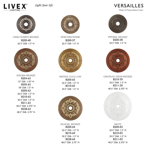 Livex Lighting Versailles product lineup with Verona Bronze Ceiling Medallion With Aged Gold Leaf Accents For Chandelier Or Light Fixture