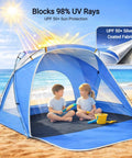 Portable beach sun shelter with UPF 50+ UV protection on sandy beach, children playing inside cabana tent, blue color, waterproof.