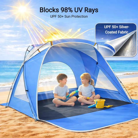 Portable beach sun shelter with UPF 50+ UV protection on sandy beach, children playing inside cabana tent, blue color, waterproof.