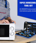 Person in overalls using 19 Piece Hand Tool Set With Easy Carrying Pouch For DIY And Home Maintenance Includes Hammer Pliers Magnetic Screwdrivers Hex Keys Adjustable Wrench And Voltage Tester For Everyday Fixes near a microwave.