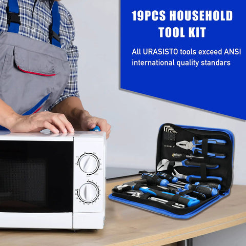 Person in overalls using 19 Piece Hand Tool Set With Easy Carrying Pouch For DIY And Home Maintenance Includes Hammer Pliers Magnetic Screwdrivers Hex Keys Adjustable Wrench And Voltage Tester For Everyday Fixes near a microwave.