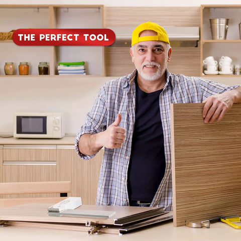 Person in a kitchen setting holding a wooden board with Machinist Square Set 2 Inch 3 Inch 4 Inch And 6 Inch Squares on the table.