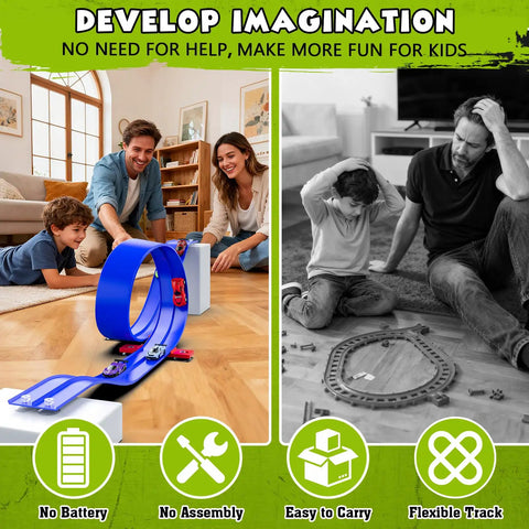 Flexible 15Ft Race Car Track for Kids Dope Roll Up Portable Racetrack with 4 Cars and Suction Cups setup indoors with family playing