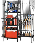 Heavy Duty Garage Fishing Rod Rack Three Tier Adjustable Metal Holder For Up To 18 Rods Pegboard Mountable Storage setup