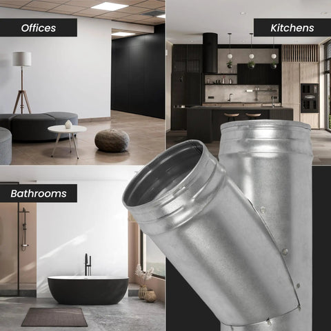 Beefy 4 Inch Duct Splitter With 45 Degree Branch in modern office, kitchen, and bathroom settings, showcasing versatility and fit.