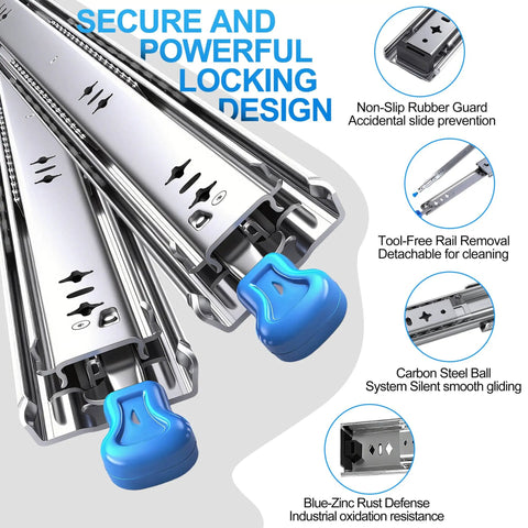 Heavy Duty 20 Inch Drawer Slides Full Extension Locking Ball Bearing Rails For Side Mount Cabinets 250 LB Load Capacity 53mm Width With Lock Built Tough Steel For Smooth Quiet Drawers visible with non-slip guard and carbon steel ball system