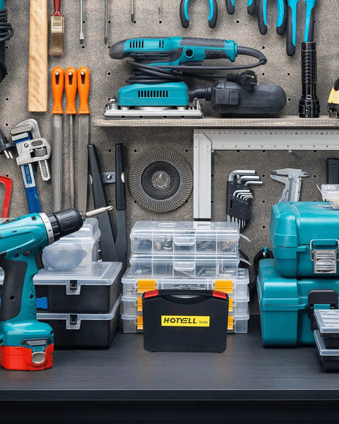 Workshop with visible Drill And Tap Set Kit Metric HSS Taps M2 To M16 With Matching Drill Bits 24 Pcs, tools organized on wall.