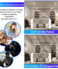 Comparison of no flicker vs frequent flicker lighting in living room; 12 Pack 75W BR30 LED Recessed Flood Light Bulbs Dimmable