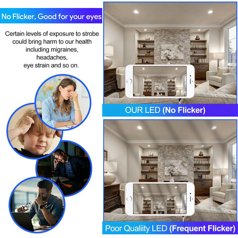 Comparison of no flicker vs frequent flicker lighting in living room; 12 Pack 75W BR30 LED Recessed Flood Light Bulbs Dimmable