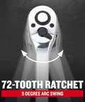 Close-up of 72-tooth head of Long Handle 1/2 Inch Drive Ratchet For Pro Grade Heavy Duty Auto Repair And Shop Projects With Smooth arc