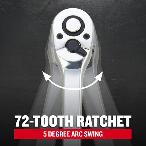 Close-up of 72-tooth head of Long Handle 1/2 Inch Drive Ratchet For Pro Grade Heavy Duty Auto Repair And Shop Projects With Smooth arc