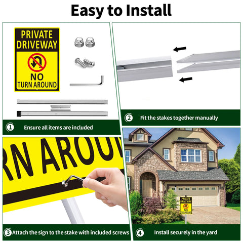 Front view of two-pack yellow aluminum driveway sign reading No Turn Around with long stakes for outdoor installation