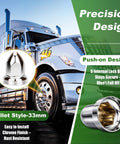 33mm Lug Nut Covers Push On For Semi Trucks And Trailers Chrome ABS Plastic Bullet Flanged Caps 60 Pack shown with truck.