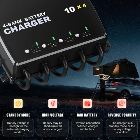 4-Bank Marine Battery Charger With Waterproof, Rugged Setup, 10A Per Bank, 12V Multi-Mode Charging For AGM, LiFePO4 And Deep-Cycle Batteries, Ideal For Boats, Yachts, And Marine Electronics