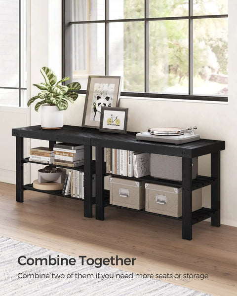 Sturdy Bamboo Shoe Bench With 3 Tier Storage For Entryway Or Bedroom Holds Up To 286 Lb And Keeps Shoes Neatly Tucked On Wide Shelves With A Top Panel For Bags Or Essentials Ink Black with decor and books