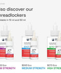 B222 Eco, B243 Eco, B270 Eco threadlockers, available in 10 ml and 50 ml bottles, low, medium, high strength options displayed.