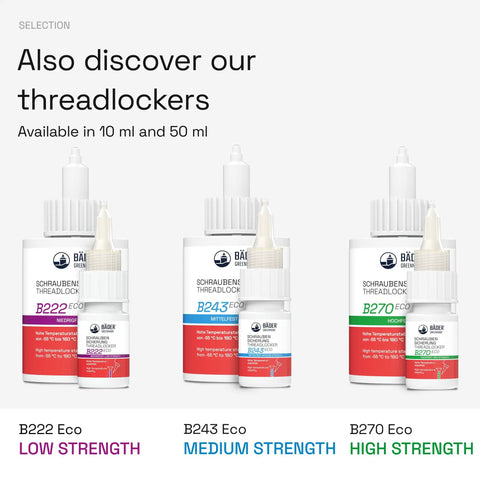 B222 Eco, B243 Eco, B270 Eco threadlockers, available in 10 ml and 50 ml bottles, low, medium, high strength options displayed.