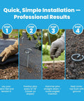 Steps showing installation of Heavy Duty 11 Gauge 6 Inch Galvanized Steel Landscape Pins With Round Top For Landscape Fabric